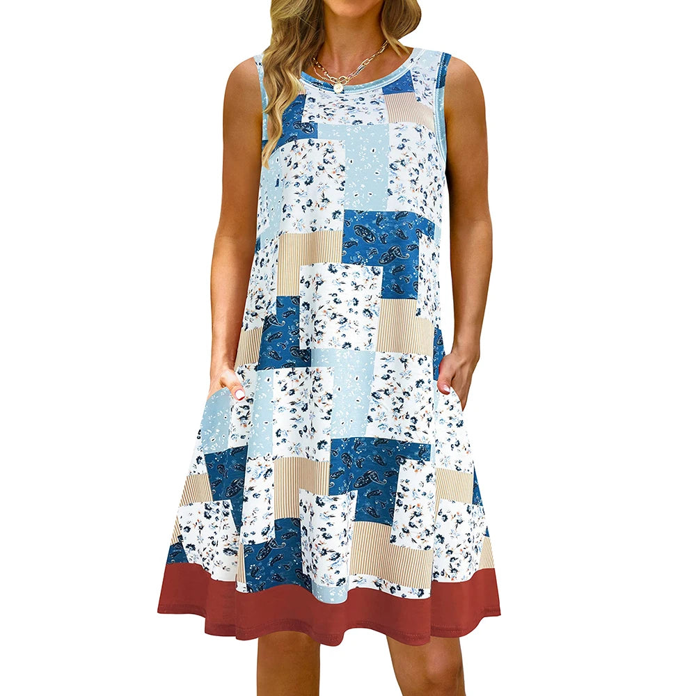 S-5Xl Colorful Printed O Neck Long Dress Casual Bohemian Sleeveless Ladies Summer Beach Sundress Travel Pocket Shirt Party Gowns