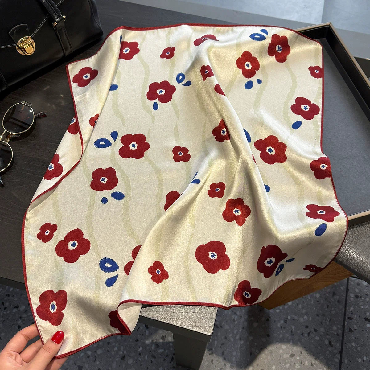 Hot Sale 2025 Brand 100% Silk Scarf Women Neck Hair Foulard Square Headband Hijab Print Poncho Scarves Bandana Fashion 53cm