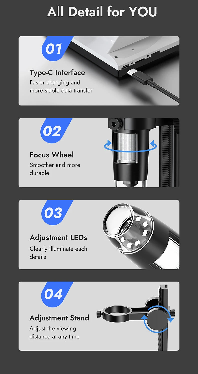 RIEVBCAU DM7 4.3'' Digital Microscope 1000X Coin Microscope 1080P Video Microscope for Adult Soldering With 8 LEDs Dropshipping