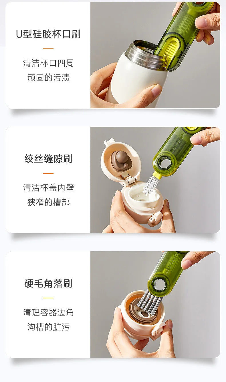 Household 3-in-1 Cleaning Cup Brush Artifact, Bottle Insulated Cup Gap U-shaped Cup Mouth Cup Lid Cleaning Brush
