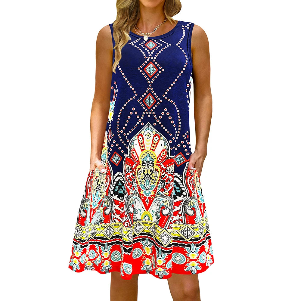 S-5Xl Colorful Printed O Neck Long Dress Casual Bohemian Sleeveless Ladies Summer Beach Sundress Travel Pocket Shirt Party Gowns