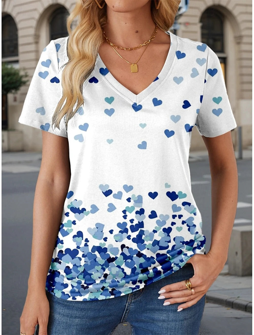 Vintage Simple Women's T-Shirt 3D Wave Curve Tee Fashion V-Neck Summer Short Sleeve Loose Streetwear Female Clothes Black Tshirt