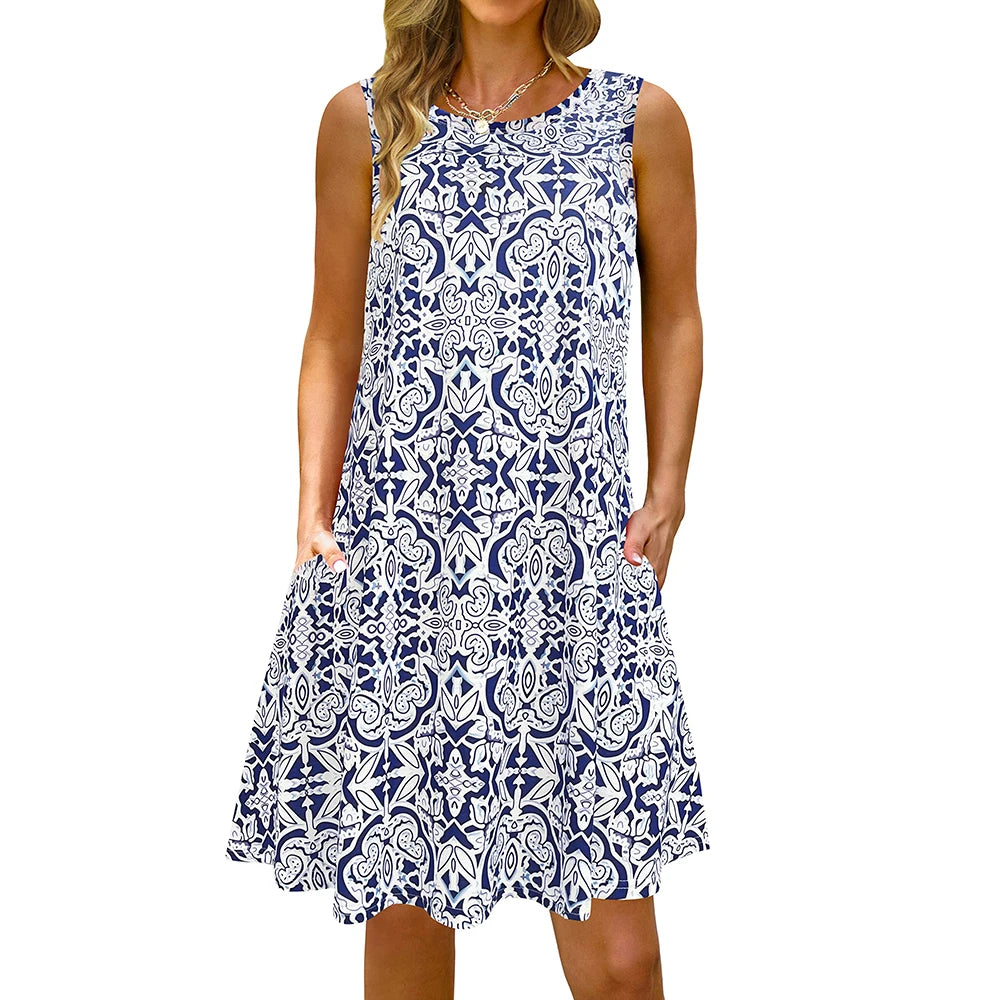 S-5Xl Colorful Printed O Neck Long Dress Casual Bohemian Sleeveless Ladies Summer Beach Sundress Travel Pocket Shirt Party Gowns