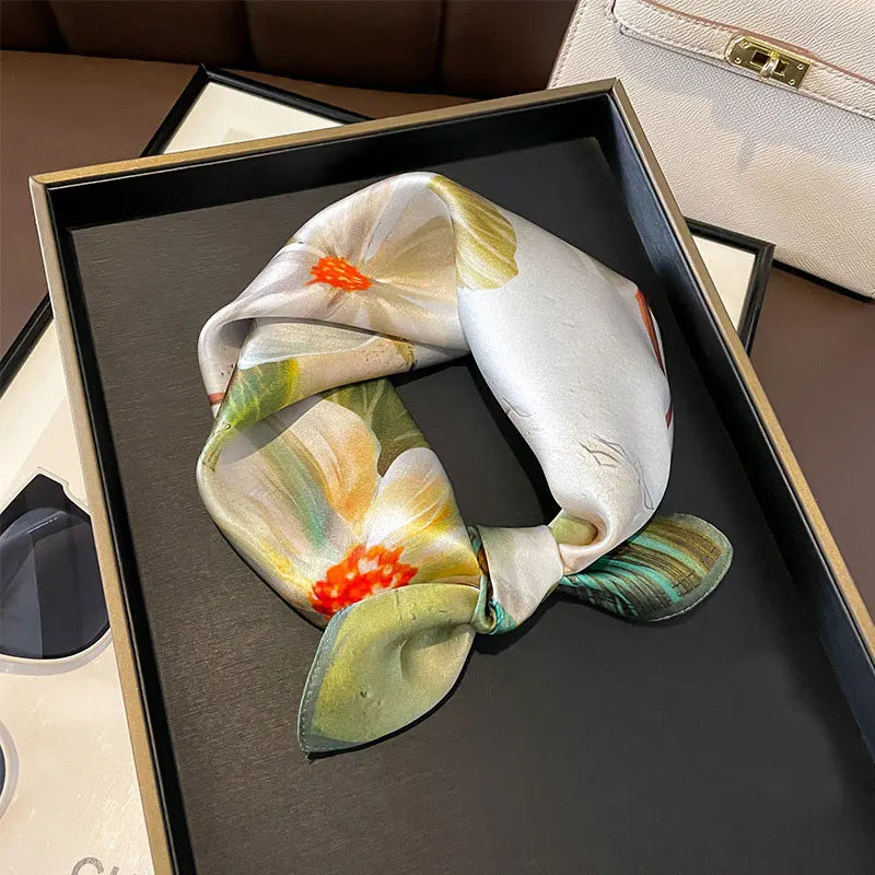 Hot Sale 2025 Brand 100% Silk Scarf Women Neck Hair Foulard Square Headband Hijab Print Poncho Scarves Bandana Fashion 53cm