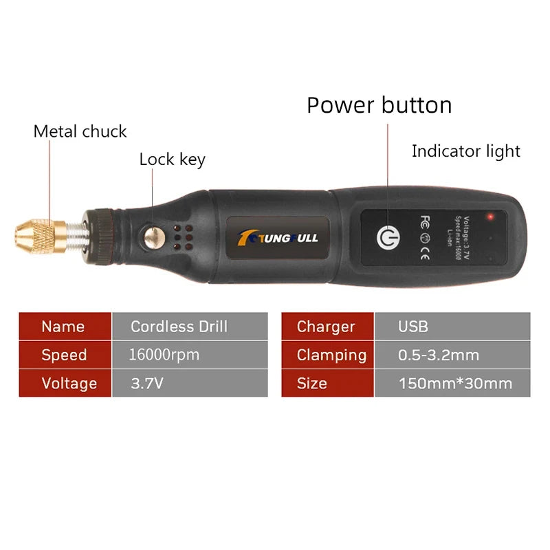 Strumento per incisione USB, utensile Dremel, trapano a batteria, utensile rotante, mini trapano elettrico senza fili, lucidatrice ricaricabile