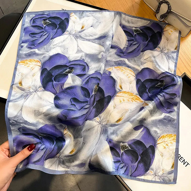 Hot Sale 2025 Brand 100% Silk Scarf Women Neck Hair Foulard Square Headband Hijab Print Poncho Scarves Bandana Fashion 53cm