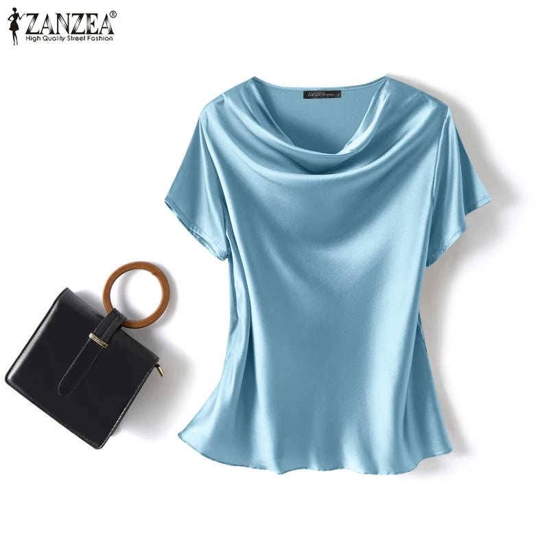 Women Summer Blouses ZANZEA 2024 Fashion Satin Tops Short Sleeve Blusas Female O Neck Casual Home Wear Tunic Chemise Oversized