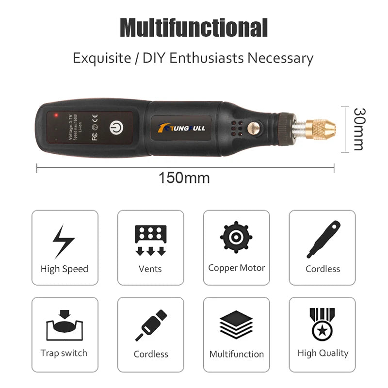 Strumento per incisione USB, utensile Dremel, trapano a batteria, utensile rotante, mini trapano elettrico senza fili, lucidatrice ricaricabile