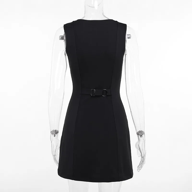 Fashion Sleeveless Sexy Mini Dress For Women New O Neck Single-btrasted Bodycon Club Party Tank Dress Femme Clothes vestidos