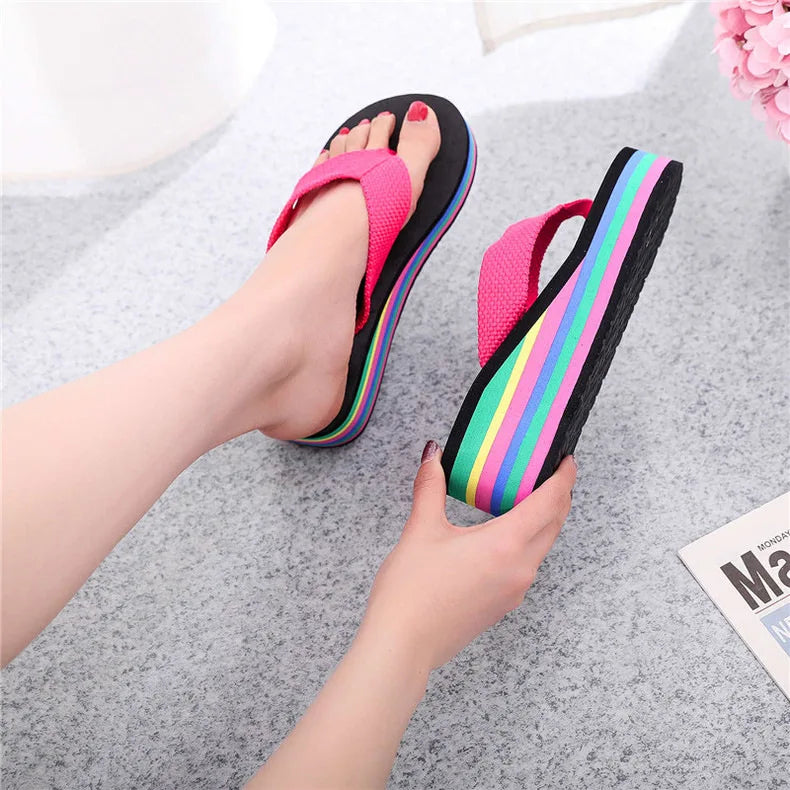 Women's Rainbow Color Platform Flip Flops Summer Thick Sole Lightweight Slip-on Wedges Sandals Girls Beach Slippers
