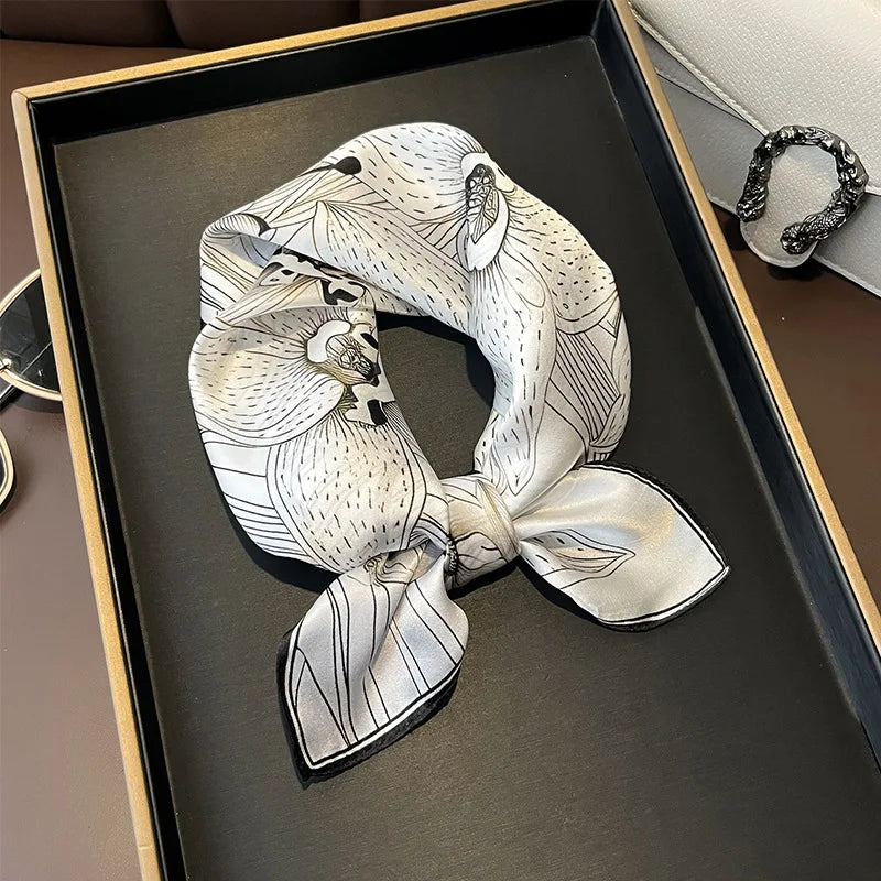 Hot Sale 2025 Brand 100% Silk Scarf Women Neck Hair Foulard Square Headband Hijab Print Poncho Scarves Bandana Fashion 53cm