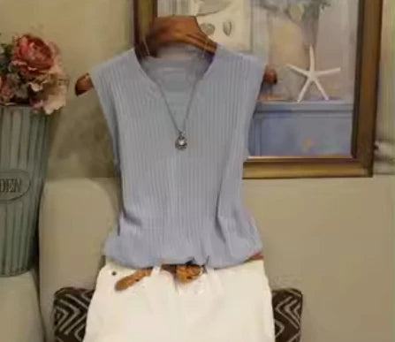 2025 Summer New Fashion Knitted Vests O-neck Sleeveless Casual Thin Tops Sleeveless Blouse Women Shirt
