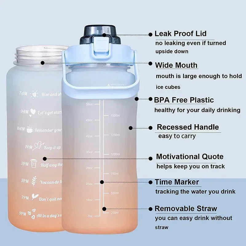 3PCS Sports Water Bottle for Running Drinking Bottle 2L Motivational with Time Marker Stickers Portable Reusable Plastic Cups
