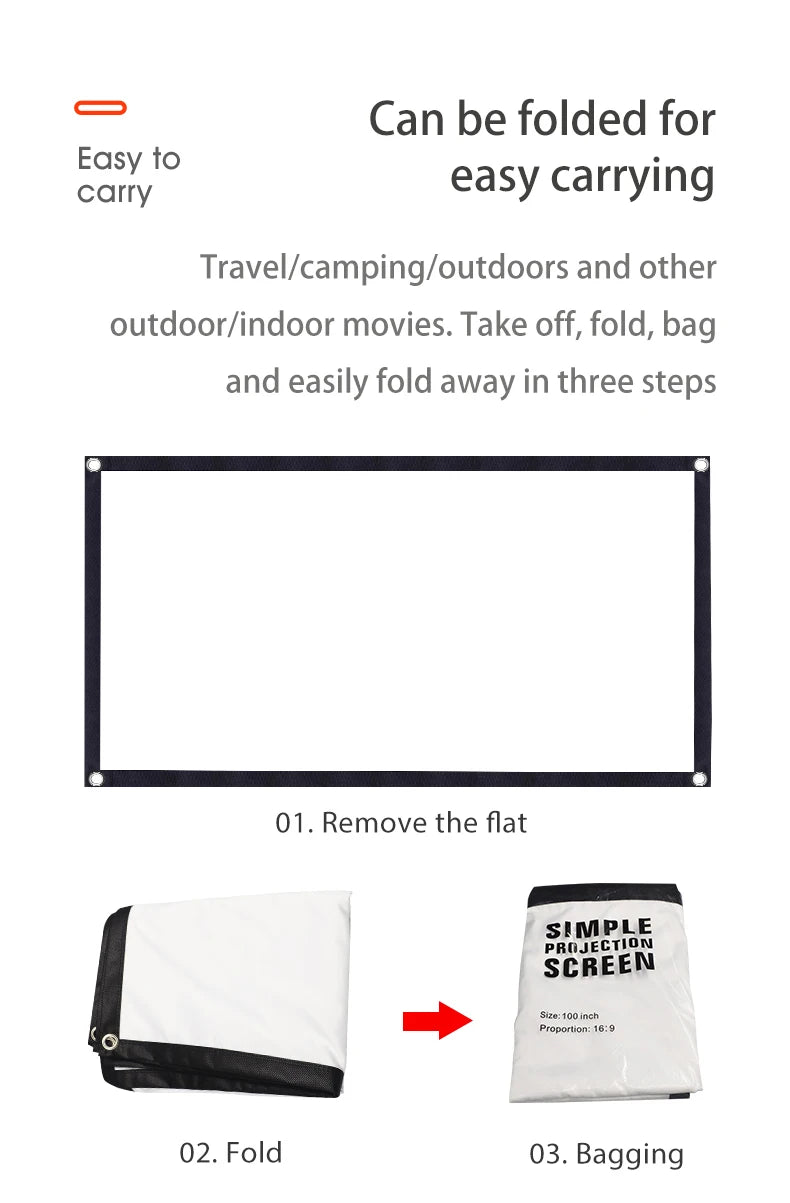60-200 Inch Portable Foldable Projector Screen High Density White Less Creases Soft Projection Screen 16:9 Indoor Outdoor