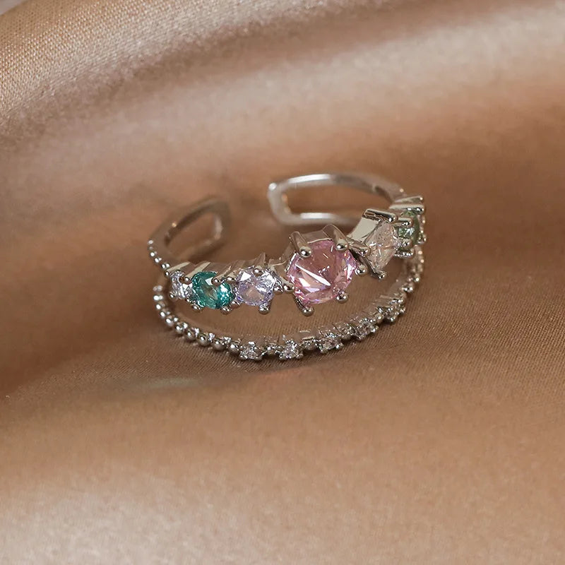 New Arrival Elegant and Luxurious Colored Zircon Inlaid Ring Fashion-forward Women Stylish Open Finger Ring with Colorful Zircon