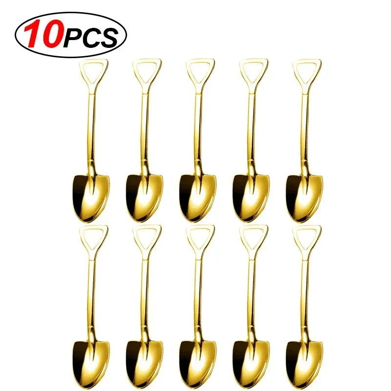 20/2x Stainless Steel Shovel Spoons Gold Silver Mini Coffee Teaspoon Fruit Ice Cream Dessert Spoon Scoops Kitchen Tableware Set