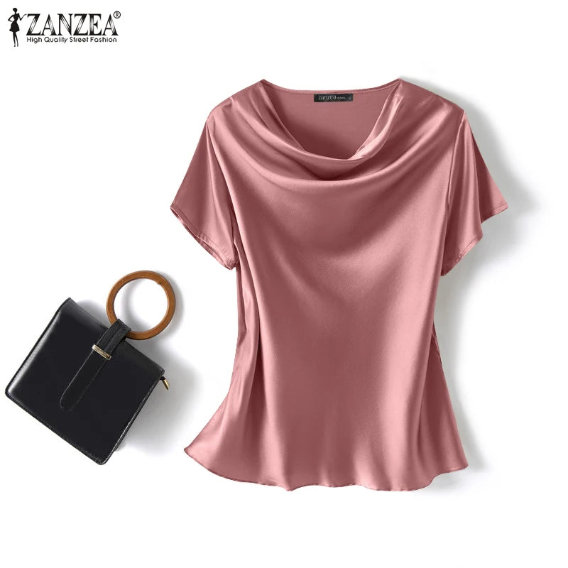 Women Summer Blouses ZANZEA 2024 Fashion Satin Tops Short Sleeve Blusas Female O Neck Casual Home Wear Tunic Chemise Oversized
