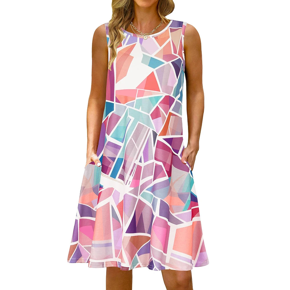 S-5Xl Colorful Printed O Neck Long Dress Casual Bohemian Sleeveless Ladies Summer Beach Sundress Travel Pocket Shirt Party Gowns