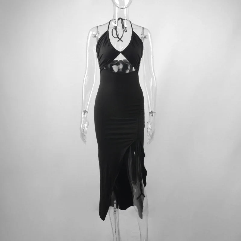 Summer Black Sexy Dress For Women Sleeveless Backless Hollow Out Party Dress Fashion Lace-up Halter Bodycon Elegant Split Dress