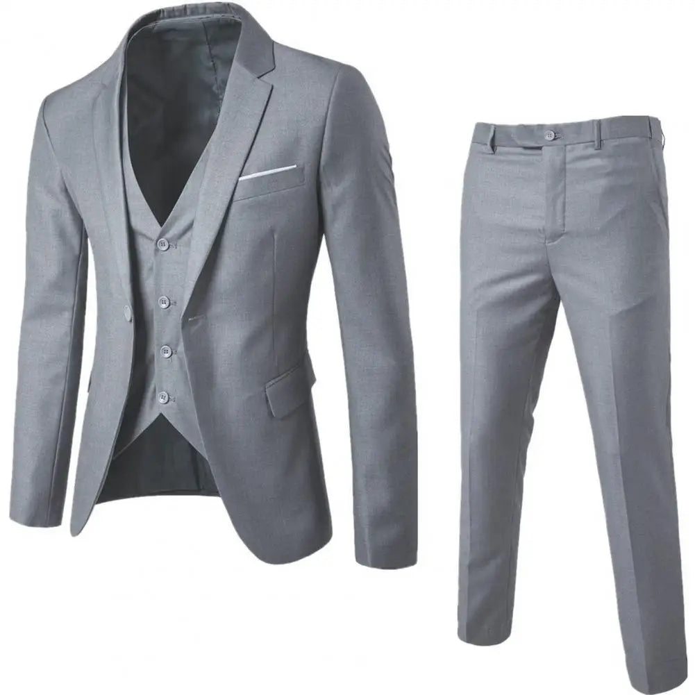 Men Three-piece Suit Men's Formal Business Style Slim Fit Wedding Suit Set with Silky Smooth Anti-wrinkle Fabric Turn-down