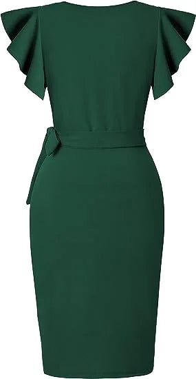 Summer Elegant Bodycom Dress Lady V-Neck Petal Sleeve Dress Solid Color Pleated Work Robe Clothes