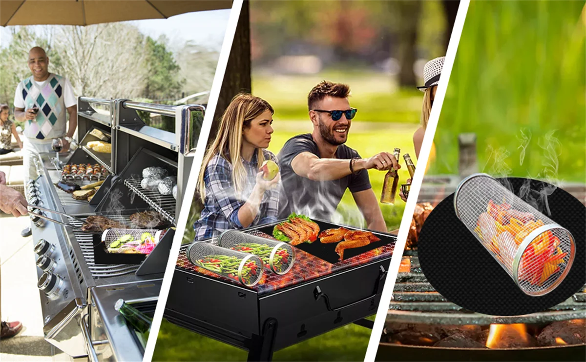 BBQ Basket Stainless Steel Rolling Grilling Basket Wire Mesh Cylinder Grill Basket Portable Round Outdoor Camping Barbecue Rack