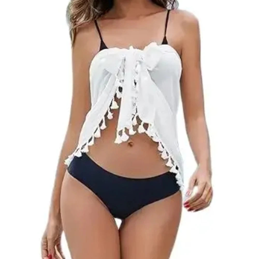 2024 Women's Sarong Coverups Sexy Short Bathing Suit Chiffon Wrap Skirt Beach Swimsuit Cover Ups with Tassels Swimwear