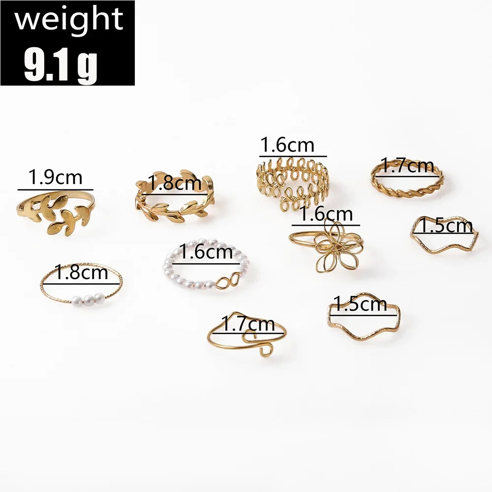Bohemian Wave Flower Rings Set For Women Vintage Geometric Pearl Butterfly Metal Chain Knuckle Rings 2022 Trendy Jewelry Gift