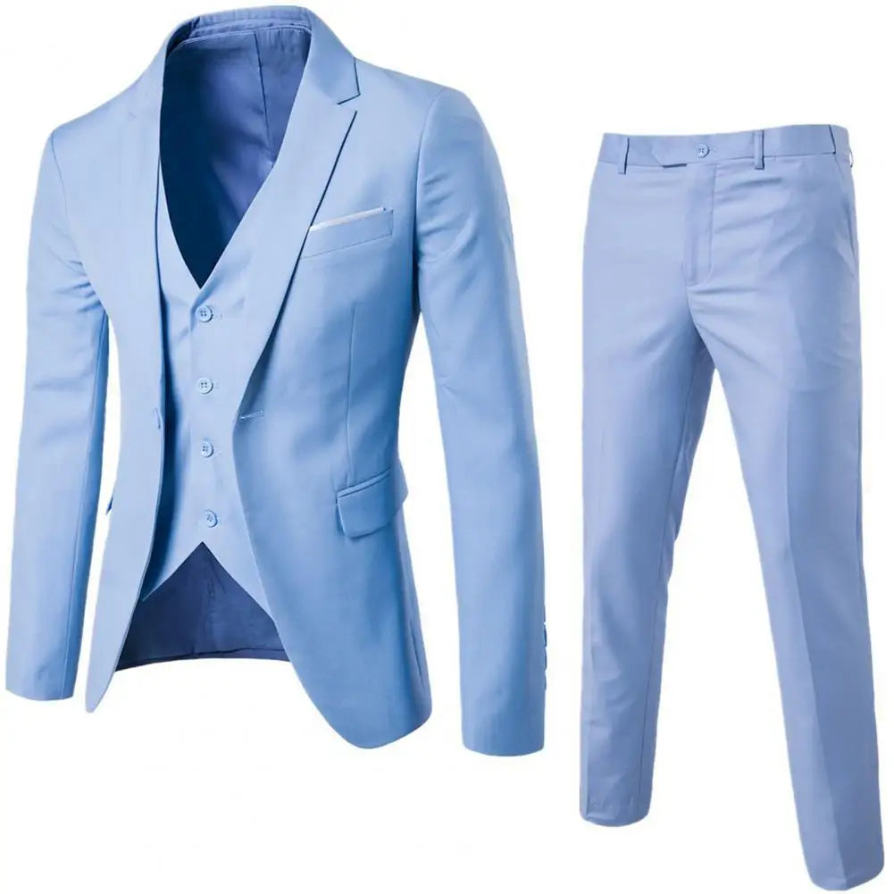 Men Three-piece Suit Men's Formal Business Style Slim Fit Wedding Suit Set with Silky Smooth Anti-wrinkle Fabric Turn-down
