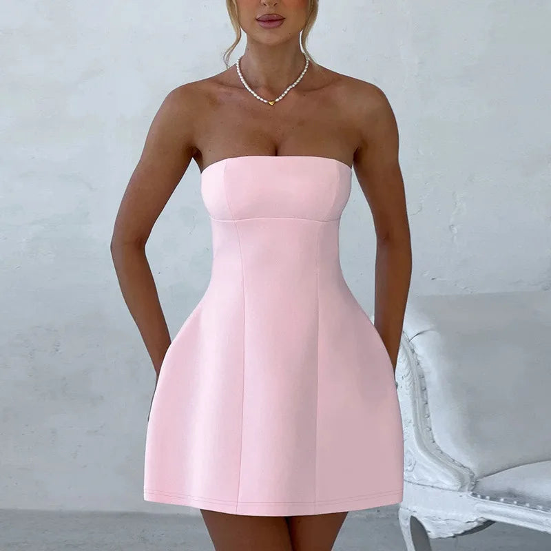 Sleeveless Sexy Tube Top Mini Dresses Solid Patchwork High Waist Summer Fashion Female Bodycon Plunge Vacation Strapless Dress