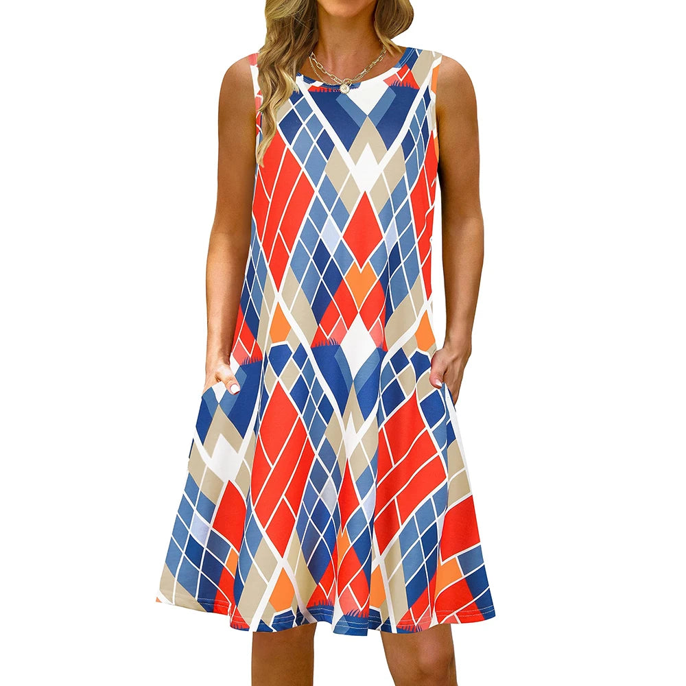 S-5Xl Colorful Printed O Neck Long Dress Casual Bohemian Sleeveless Ladies Summer Beach Sundress Travel Pocket Shirt Party Gowns