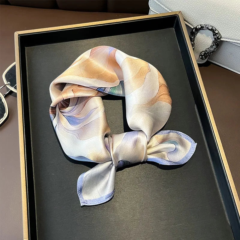 Hot Sale 2025 Brand 100% Silk Scarf Women Neck Hair Foulard Square Headband Hijab Print Poncho Scarves Bandana Fashion 53cm
