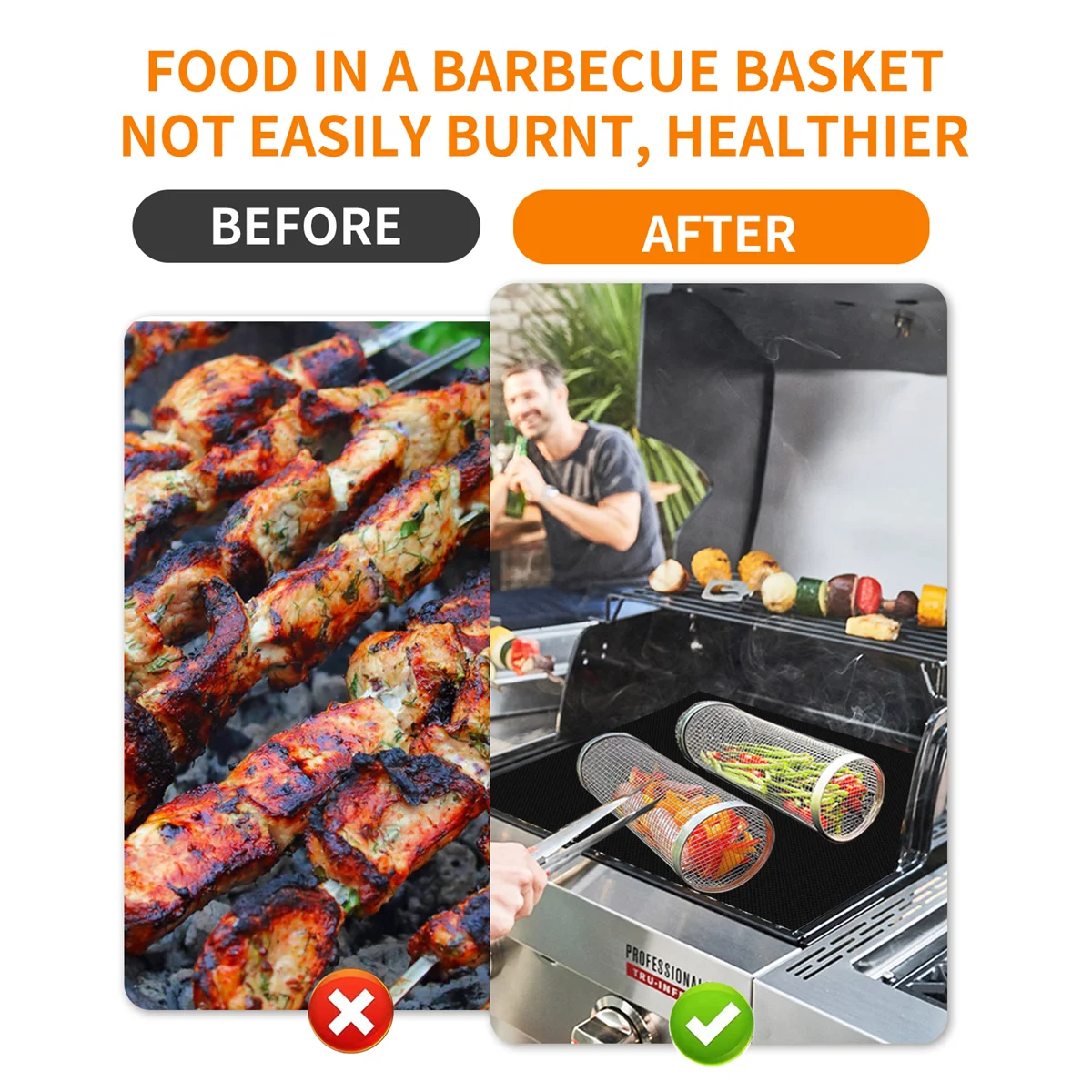 BBQ Basket Stainless Steel Rolling Grilling Basket Wire Mesh Cylinder Grill Basket Portable Round Outdoor Camping Barbecue Rack