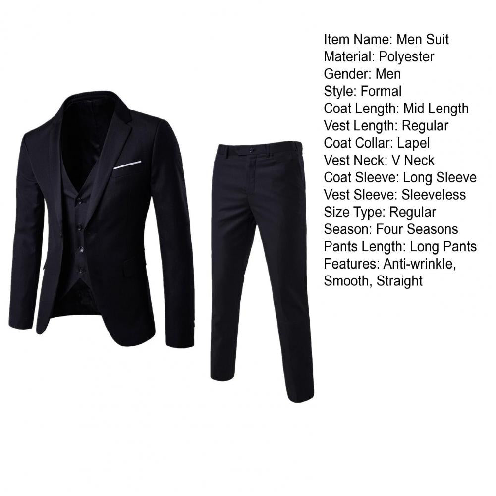 Men Three-piece Suit Men's Formal Business Style Slim Fit Wedding Suit Set with Silky Smooth Anti-wrinkle Fabric Turn-down