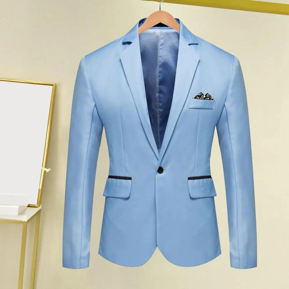 Men Blazer Formal Business Style Slim Fit Single Button Suit Jacket Solid Color Lapel Satin Groom Wedding Banquet Men Suit Coat
