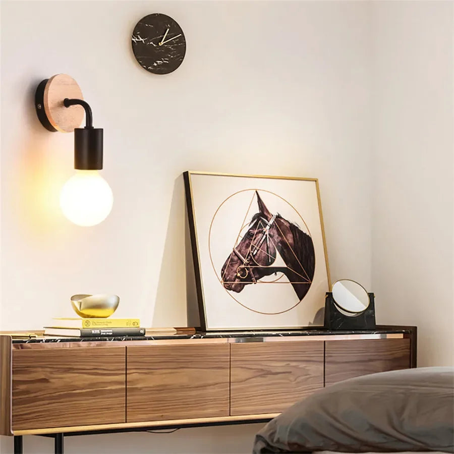 E27 Wood Iron Wall Lamp for Bedroom Bedside Nordic Wall Sconce Background Wall Aisle Lights Wooden Reading Luminaire
