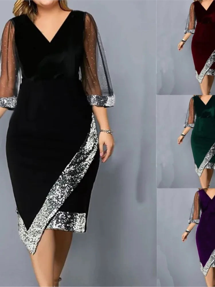 Spring Summer Women's Clothing New Fashion Gold Velvet Irregular Sequin See Through Mesh Women's Five Quarter Sleeve Dress