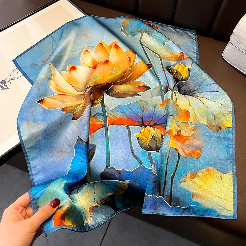 Hot Sale 2025 Brand 100% Silk Scarf Women Neck Hair Foulard Square Headband Hijab Print Poncho Scarves Bandana Fashion 53cm