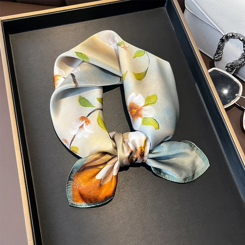 Hot Sale 2025 Brand 100% Silk Scarf Women Neck Hair Foulard Square Headband Hijab Print Poncho Scarves Bandana Fashion 53cm