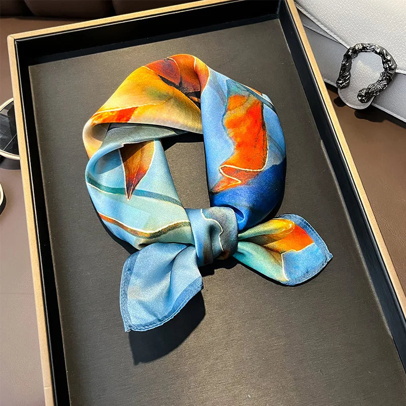Hot Sale 2025 Brand 100% Silk Scarf Women Neck Hair Foulard Square Headband Hijab Print Poncho Scarves Bandana Fashion 53cm