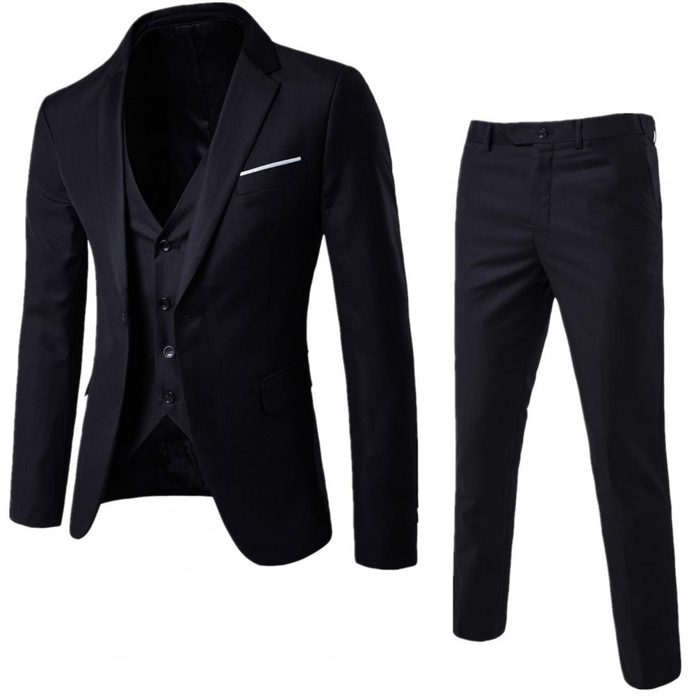 Men Three-piece Suit Men's Formal Business Style Slim Fit Wedding Suit Set with Silky Smooth Anti-wrinkle Fabric Turn-down