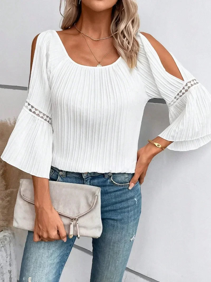 Spring and Autumn Women's Plus Size Fashion Slimming Off Off Shoulder Solid Color T-shirt Lace Patch Fluffy Sleeve Casual Shirt