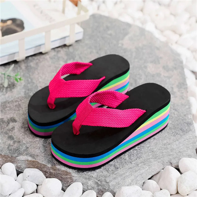 Women's Rainbow Color Platform Flip Flops Summer Thick Sole Lightweight Slip-on Wedges Sandals Girls Beach Slippers