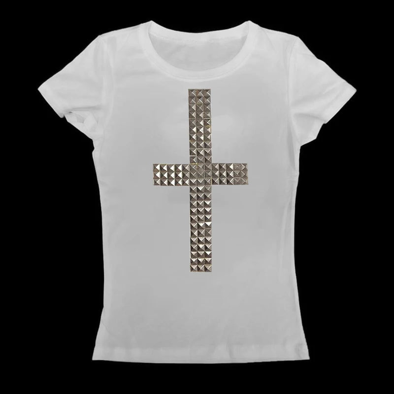 Women 90s Vintage Clothing T-shirts Goth Kawaii Girl Emo Kpop Goth Baby Tees Harajuku Cross Hot Stamping Y2k Clothes Streetwear