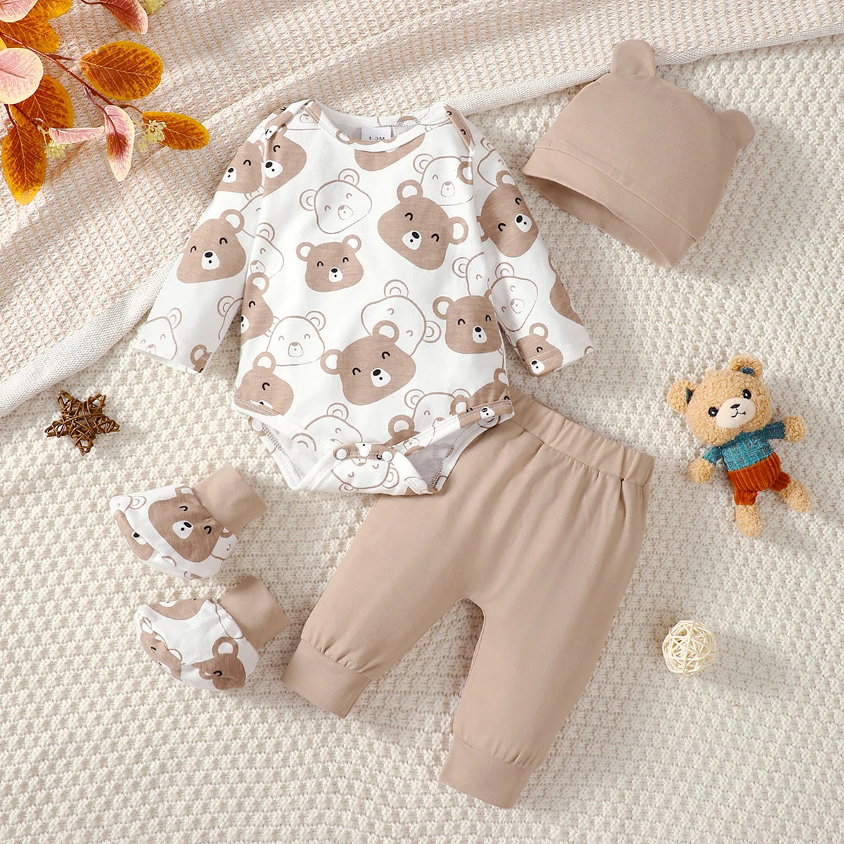 0-9 Months Baby Boy Set Little Bear Long Sleeve Bodysuit+Pants+Hat+Socks 4pcs/Set Baby Spring Autumn clothing Newborn set