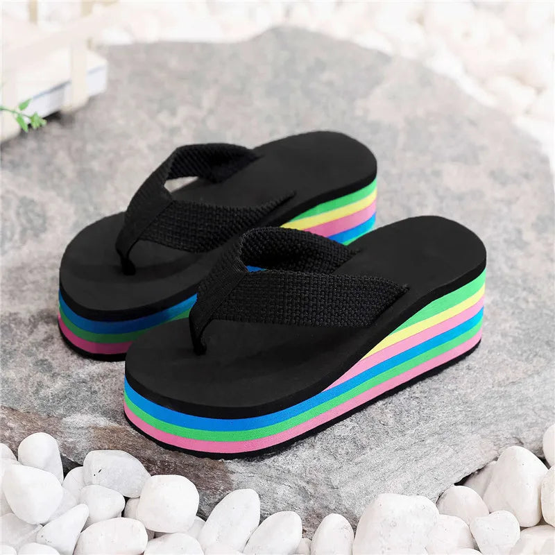 Women's Rainbow Color Platform Flip Flops Summer Thick Sole Lightweight Slip-on Wedges Sandals Girls Beach Slippers
