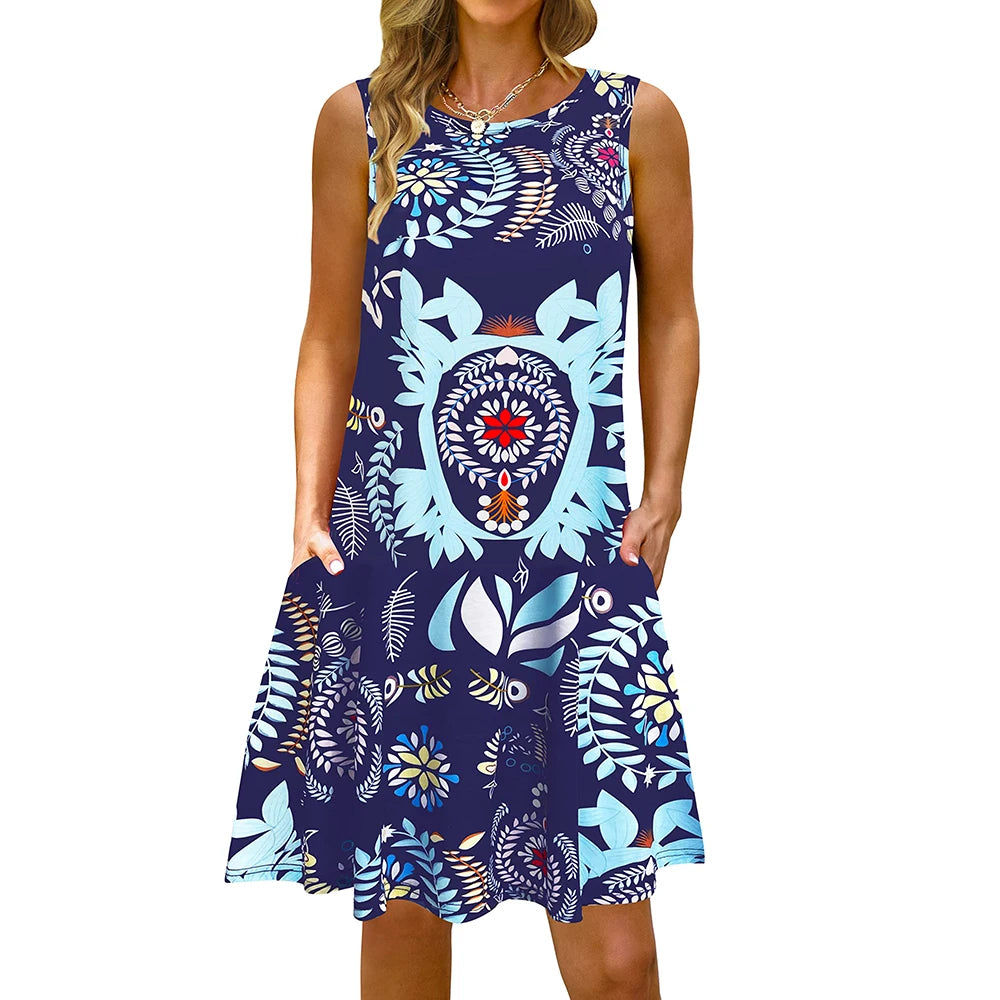 S-5Xl Colorful Printed O Neck Long Dress Casual Bohemian Sleeveless Ladies Summer Beach Sundress Travel Pocket Shirt Party Gowns