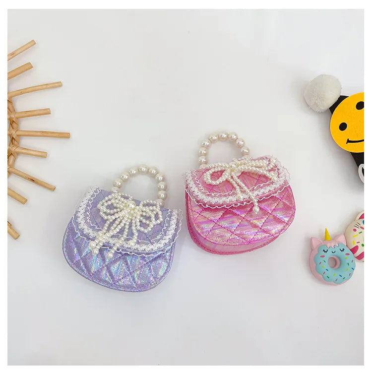 Sweet Cute Bow Children's Shoulder Bag Pearl Handle Baby Girls Small Crossbody Bags Lovely Princess Accessories Purse Handbags