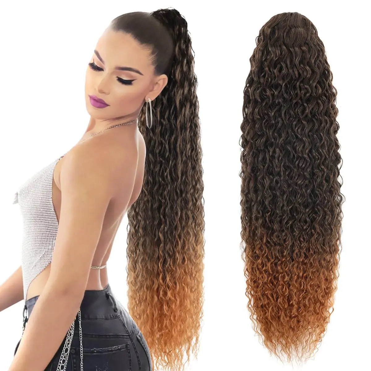 Synthetic Wig 24inch Long Curly Wave Drawstring Ponytail HairPieces Extension Heat Resistant Clip in For Women Girl