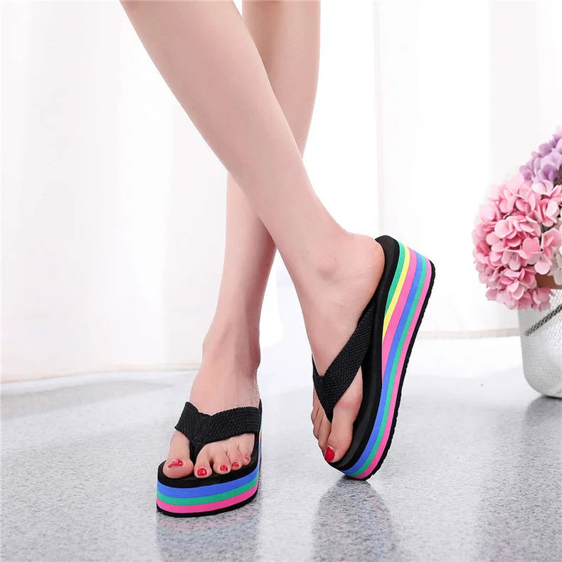 Women's Rainbow Color Platform Flip Flops Summer Thick Sole Lightweight Slip-on Wedges Sandals Girls Beach Slippers